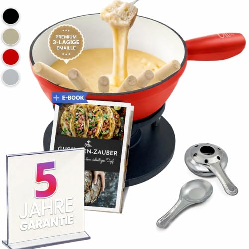 Ottia Fondue Set für 2, 3, 4, 5, 6 Personen aus Gusseisen & Emaille. Als Käsefondue, Fleischfondue, Schokofondue. Induktion geeignet, Schadstofffrei, mit Brenner+Gabeln+Rezeptbuch, Fondü-Set aus HH