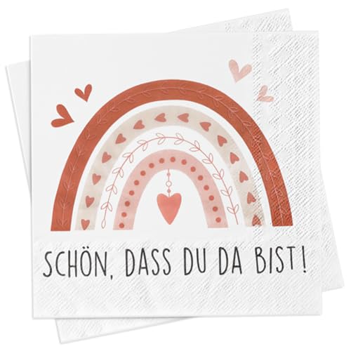 30 Stück Boho Regenbogen Servietten, Schön dass du da bist Servietten, 30 x 30cm Servietten Geburtstag Mädchen Jungen, Boho Papierservietten Party Servietten für Taufe Babyparty Geburtstag Tischdeko