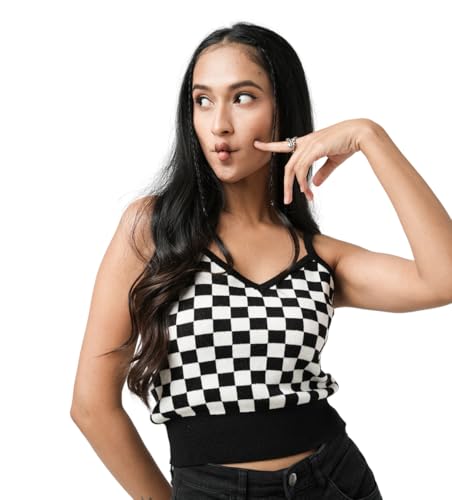Womens Sleeveless Tank Top in Black/White Combo Large Size | Spring Tops for Women in Checkerboard Pattern | Double Front & Back V-Neck Tank Tops for Casual wear & More