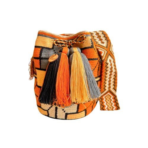 Wayuu mochila bag traditional | Large mochila | Colombian bag | Woven Crossbody Bucket Bag (Orange, grey & beige flowers.)