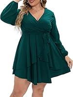 TASHVIKA'S Women's Plus Size Casual Long Sleeve Ruffle Wrap Mini Dresses (T11_Green_5XL)