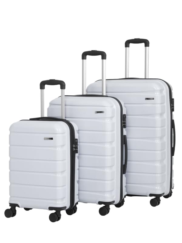 Image of Teakwood Small-Medium-Large 8 Wheels Trolley Bag, Hard Cabin with Zipper Closure, Adjustable Push Button & Cross Side Strap, TSA Lock System 360 Degree (Set of 3, Silver)