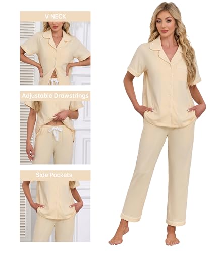 Image of CF Womens 100% Cotton Pajamas Set Button Down Pjs Sets Short Sleeve Top & Long Pants Sleepwear Comfy Loungewear with Pockets