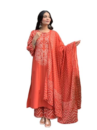 Image of GoSriKi Kurta Sets for Women Rayon Viscose Bandhani Printed | Kurti Set for Woman | Kurta Pant Dupatta Set | Straight Kurti | Round Neck 3 /4 Sleeve Suit Set for Women Stylish Ethnic Outfit