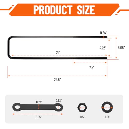 Image of 22 Inch Square Bend U-Bolt Kit for Truck Chassis | Heavy-Duty Steel Suspension Leaf Spring U Bolts with 6 Inch Tie Plates