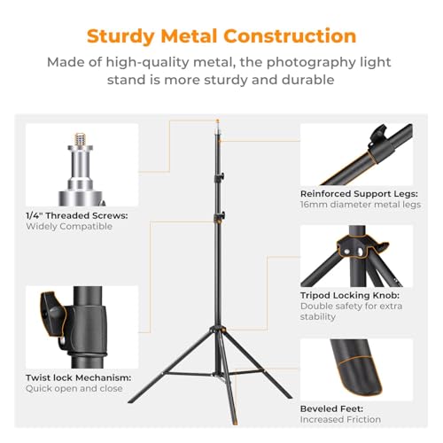 Image of K&F Concept Light Stand for Photography, 6.5ft /2M Portable Extendable Photo Video Tripod Stand, Lighting Tripod with 1 /4 inch Screw for Lighting /Strobe Light /Webcams /Cameras /Softbox, with Storage Bag