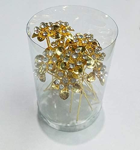 Foreignholics Beautiful Crystal Rhinestone Flower Hair Jewelry Bridal Hair Pin Hairpins 12 pcs (Golden)