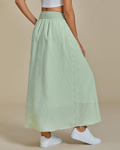 luvamia Striped Skirts for Women Maxi Long Flowy Trendy Smocked Elastic Waist Summer Beach Vacation Skirt with Pockets3
