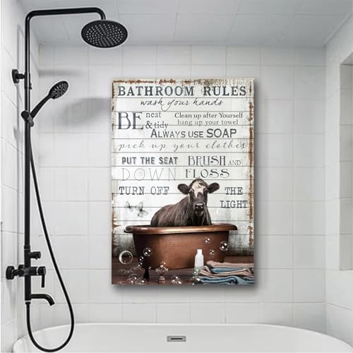 Image of Cow Bathroom Canvas Wall Decor Rustic Bathroom Rules Prints Sign Wall Art Black And White Cow In The Bathtub Pictures Wall Decor Poster Funny Cow Wall Art Humor Animals Artwork Prints 16x24in No frame