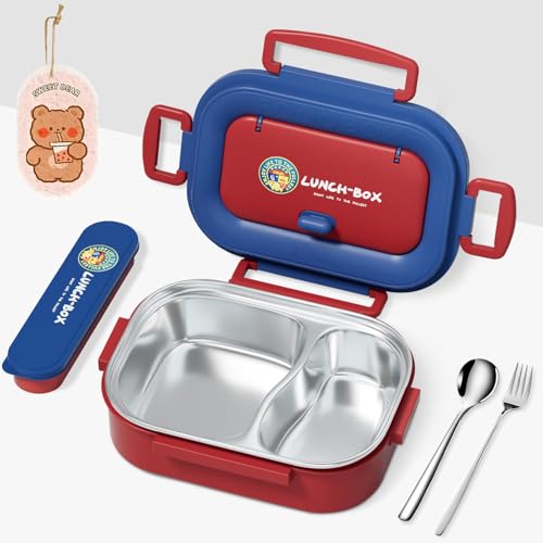 BBWELL Fiambrera De Acero Inoxidable,Fiambrera Campus,Bento Box para Niños,Lonchera con Compartimento y Tenedor, con Cierre de Clip, De Fugas 1200ml,Para Adultos Y Niños