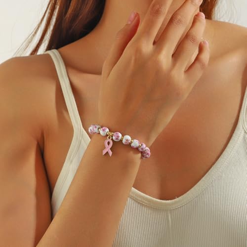Charm Bracelets for Women Breast Cancer Awareness Accessories Heart Beaded Bracelet Flower Ceramic Jewelry Love Gifts3