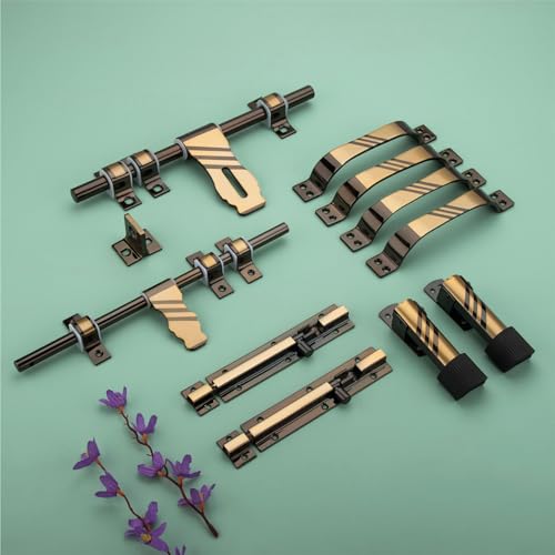 Image of COMPASS Flower Stainless Steel Heavy Double Door Fitting Accessories Full Set /Kit (1 Aldrop, 1 Latch, 4 Handles, 2 Tower Bolt and 2 Door Stopper | 12 inch | Vintage Finish