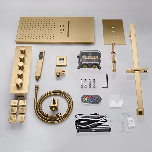 Cascada 9"x22” Modern LED shower system (Wall Mounted) with built-in Bluetooth Speakers, 4 function (Rain, Waterfall, body jets & Hand Shower) & 64 Color LED Lights (Brushed Gold) miniatura 6