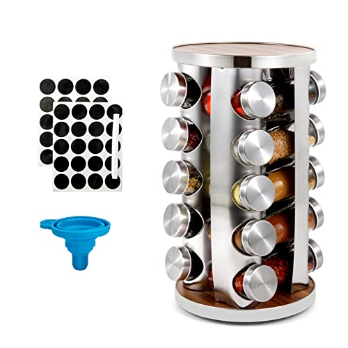 Spice Rack Organizer for Cabinet, Spice Organizer, Spice Racks Has 20 Spice Jars, Rotated Seasoning Organizer, Stainless Steel Spice Tower for Countertop with Reuseable Labels and Funnel