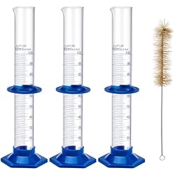 ScitoLAB 3 Pack 100 ml Graduated Cylinder, Glass Measuring Cylinder Set | Clear Borosilicate 3.3 Glass, with Plastic Base and Cylinder Brush, for Liquid Lab Shool