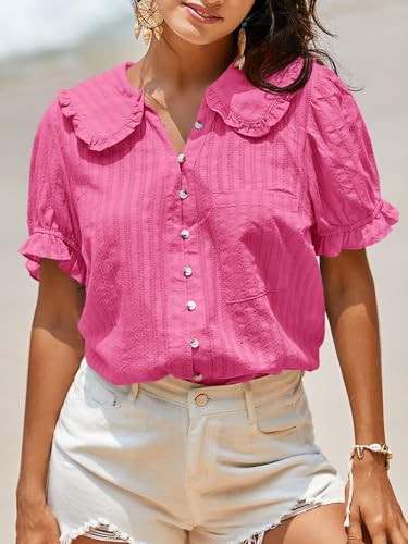 Image of Tankaneo Womens Puff Sleeve Shirts Peter Pan Collar Button Down Cotton Blouse Casual Summer Textured Tops