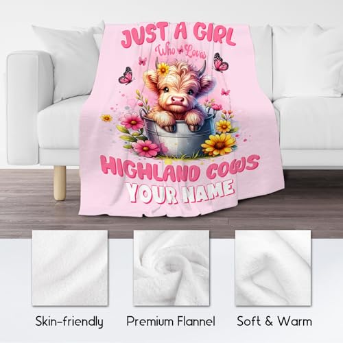 Custom Highland Cow Throw Blanket, Cozy Soft Throw Gifts for Girls, Cute Pink Flannel Throw Blankets for Couch Office, 40x50 Inches