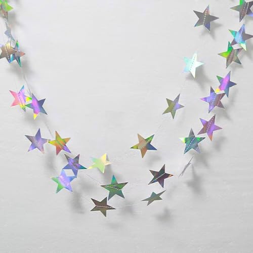 Image of Iridescent Glitter Star Garland Hanging Decorations, Streamer Bunting Banner Decorations,65 Feet, Twinkle Star Backdrop for Graduation, Birthday, Wedding, Christmas Party, New Year (Iridescent)