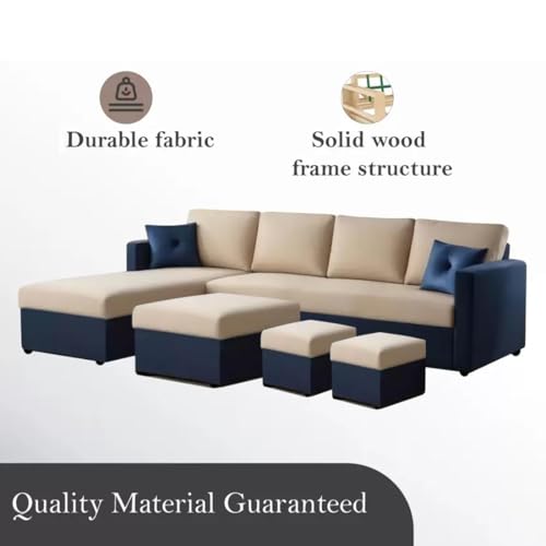 Image of FURNY Arno 8 Seater Fabric LHS Sectional L Shape Sofa Set with 1 Centre Table & 2 Ottomans (Cream-Blue)