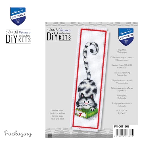 Image of Vervaco Cross Stitch Embroidery Kit for Adults, Set Pre-Printed with Design on 100% Cotton Fabric, Templates 2,4 x 8 Inches - 6 20 cm, Bookmark Kit, Cat & Book