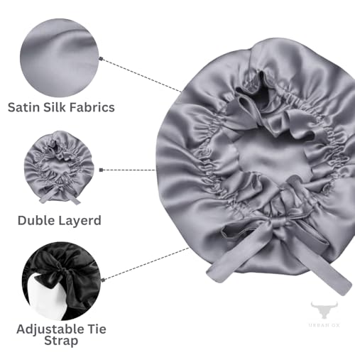 Image of Satin Bonnet for Hair with 3 Premium Scrunchies, Adjustable Silk Hair Cap for Sleeping, Satin Bonnet for Curly Hair with Drawstring (Silver)