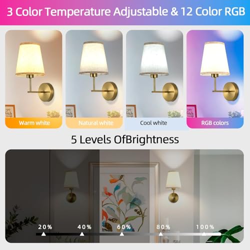 Image of Battery Operated Wall Sconces Set of Two, Dimmable Rechargeable Battery Wall Light with RGB Bulb, Rechargeable Wall Mounted Sconce Lamp with Remote Control for Bedroom, Living Room, Entryway, Gold