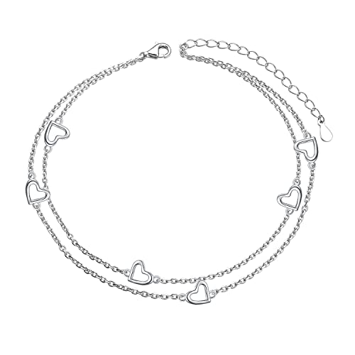 Image of Flyow Anklet for Women S925 Sterling Silver Adjustable Foot Beaded Heart Charm Ankle Bracelet Anklets Jewelry