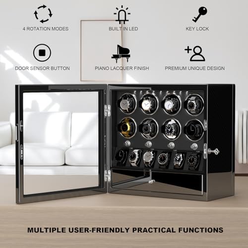 DUKWIN Watch Winder for 8 Automatic Watches, Lockable, 6 Storage Places and Jewelry Storage, Super Quiet Mabuchi Motor, Carbon Fiber Winders