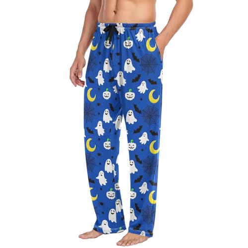 Men's Cute Halloween Pumpkin Ghost Spiderweb Bats Blue Pajama Pants with Pocket S4