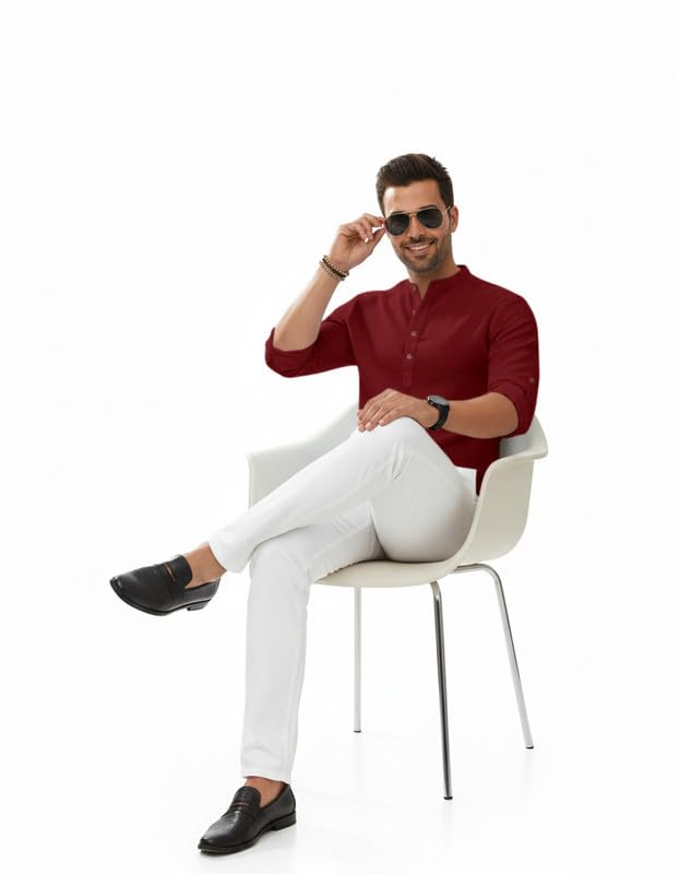Image of Macsivo Men's Cotton Blend Solid Short Kurta with Regular Lenth Mandarin Neck Full Sleeves and roll-up tab| Kurta Style Shirt for Men
