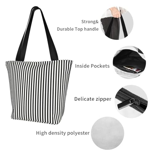 Vertical Gold Black And White Art Deco Stripes Reusable Zippered Shoulder Bag, Stylish Polyester Tote With Wide Handle & Inner Pocket, Lightweight Durable Shopping & Travel Bag3