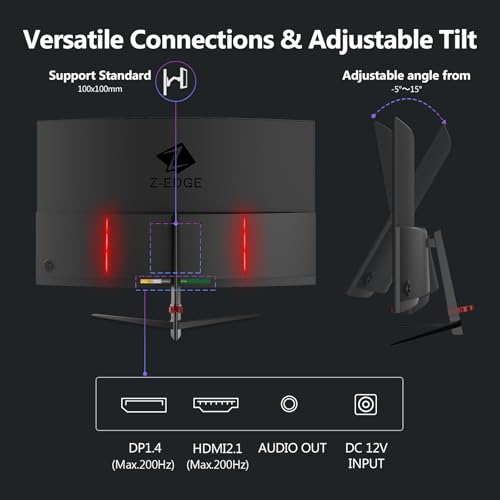 Z-Edge Monitor Pc Gaming Curvo 27'' 200Hz, 1ms, FreeSync, Schermo FHD 1080P con DP Cavo, 350cd/m², 1500R VA Senza Cornice, HDMI2.1 & DP1.4, VESA, sRGB 99%, 178°Angolo Visione, Inclinazione Regolabile - Monitor - Immagine 7