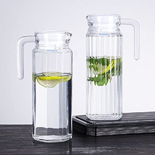 Image of SYANKA Premium Water and Juice Glass Jug Pitcher with lid (Set of 2), 1.1-Liter, Hot Cold Water Pitcher Water Jug for Dining Table, Iced Tea, Milk and Juice Beverage Carafe, Lemon Jug