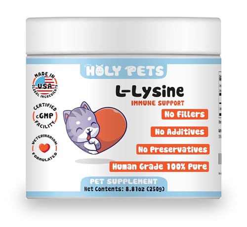 Holy Pets 100% Pure L-Lysine Powder for Cats – No Fillters, Additaves or Preservatives - 1,000mg per Scoop – Immune, Respiratory & Eye Support – Helps with Sneezing, Runny Nose & Cold Symptoms