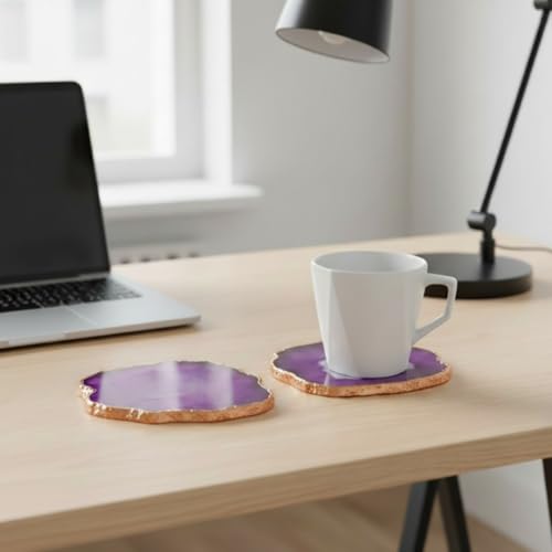 Image of Natural Agate Stone Tea Coasters Set | Premium Stone Coasters for Tea, Coffee & Glass | Heat Resistant Coasters for Dining Table, Office Desk & Home Decor | Pack of 2 | Color -Purple