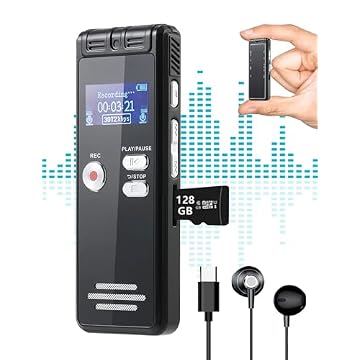 Gravador digital ativado por voz de 128 GB com reprodução, gravador de áudio de 9104 horas, gravação HD de 3072 Kbps e gravação ativada por voz com cancelamento de ruído, dispositivo de