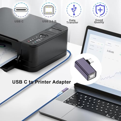 Image of ETZIN USB C Male to USB B Female 90 Angle Print Connector USB C Plug to MIDI Jack Electronic Instrument Right Angle Adapter 480Mbps 20W Charging,Al Hull,for Electronic Piano Printer EPL-1577CC