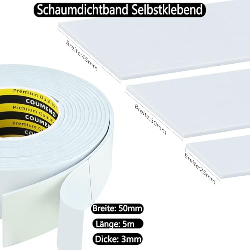 COUMENO EVA einseitiges Schaumstoff-Klebeband, 50 mm x 5 m, 3 mm dick, Dichtungsstreifen, Schaumstoff-Pad, Schwammband, geeignet für Türen und Fenster, wetterfest, selbstklebendes Isolierband