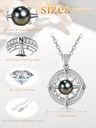 AAAAA Tahitian Black Pearl Compass Necklace For Women,925 Silver Saltwater Pearl Jewelry,Wedding Anniversary Birthday Gifts for Her Wife Mom Daughter Grandma Sister4