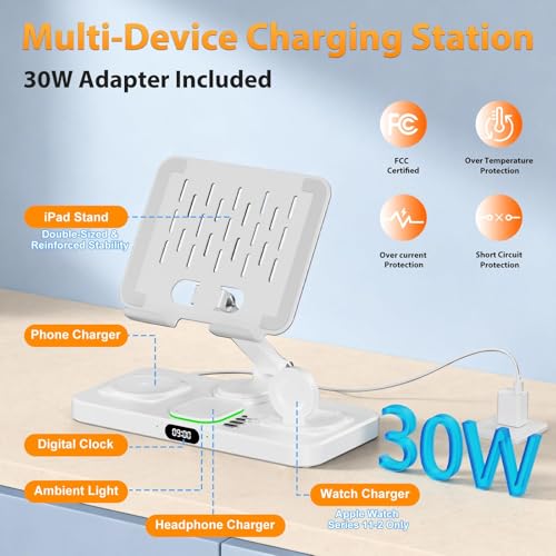 Image of 30W Charging Station for Apple Products, Foldable Wireless Charger with Clock Display&7 Color Light, Wired Charging for iPad /Tablet Charging Station for iPhone16, for Apple Watch10 for AirPods4(Cream