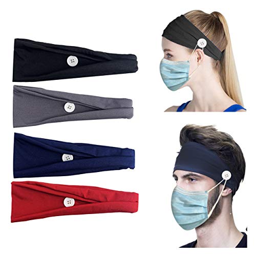 HAISWET Women Men 4 Pcs Stretchy Hair Band Wrap Headbands with Button Sport Yoga