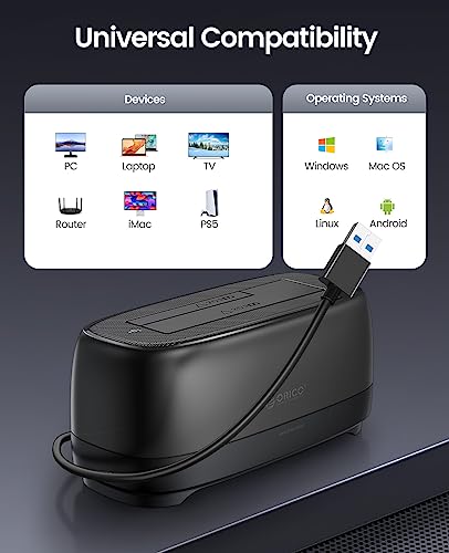 Image of ORICO Hard Drive Docking Station USB C Port for WD Seagate Toshiba 2.5 inch /3.5 inch SSD HDD SATA I II III, Hard Drive Dock Max to 18TB Support UASP&TRIM, 2 in-1 Type C to USB A Cable for PS5 Xbox PC