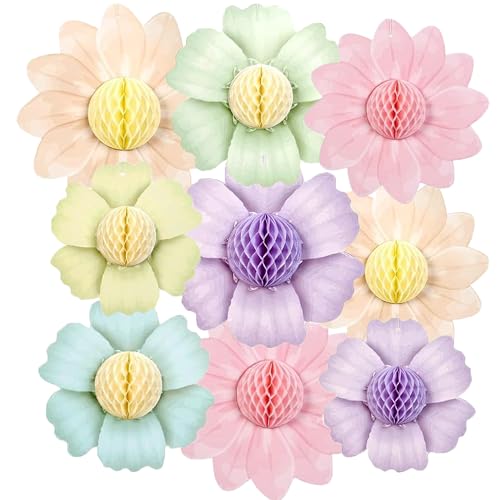 9pcs 10 Inches Paper Honeycomb Balls Decorations, Pastel Hanging Paper Pompoms Decorations, Pastel Flowers Honeycomb Balls Decoration for Birthday Weddings Wall Backdrop Decoration