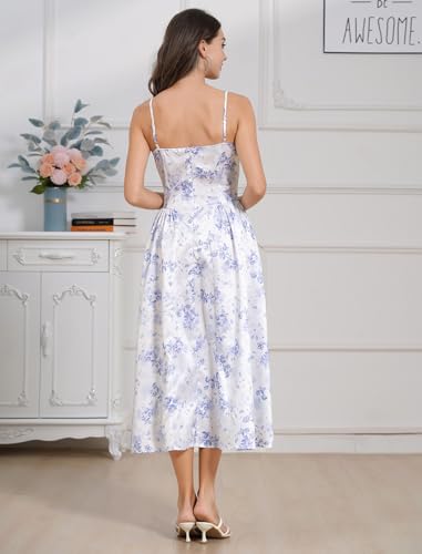 Image of ABEHIK Casual Dresses for Women Boho Spaghetti Strap Corset Midi Dress with Pockets Low Cut Flowy Pleated Bustier Sundress