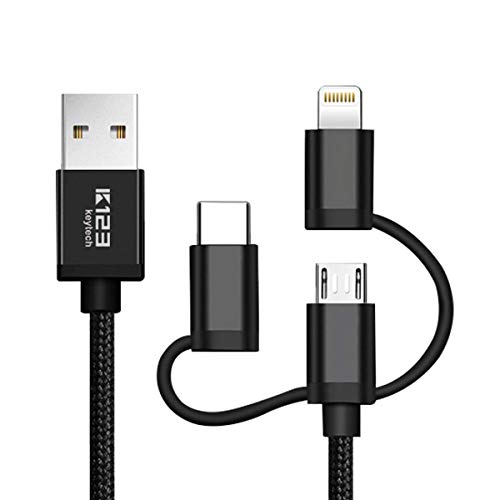 Apple MFi Certified 3 in 1 Lightning Cable 3FT Micro USB Type C Charging Cable 3FT K123 Keytech Black Braided Cord for iPhone,iPad,Samsung Galaxy More Mobile Devices