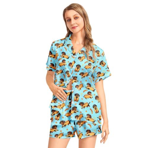 Image of Funny Satin Pajamas Set for Women Button Down Sleepwear Print Pjs Set 2 Piece Short Sleeve Loungewear Gift for Women