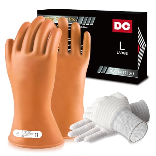 DongChu 5KV Natural Rubber Gloves - Class 0 High Voltage Electrical Insulating Linesmens Gloves with Double-Layer Design Cotton Anti-Static Knitted Lining Size 9 Orange