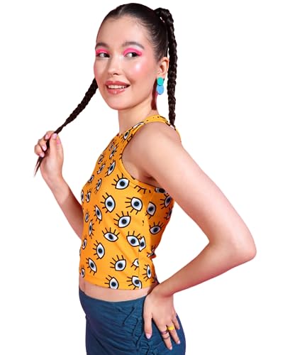 Image of POPWINGS Women Casual Yellow Eye Printed Self Design Tank Crop Top Tops for Women | Stylish Tops for Women | Trendy Tops Women