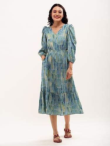 Image of AASK Abstract Printed Puff Sleeve Gathered Detailed Fit Flare Dress