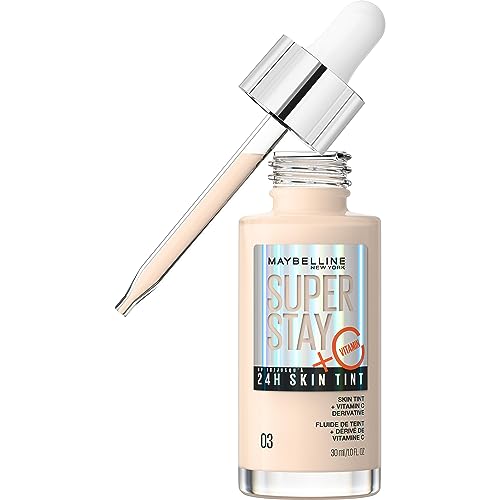 Maybelline New York,Base de maquillaje enriquecida con Vitamina C, Hasta 24H, Acabado luminoso, Superstay Skin Tint, Tono 03